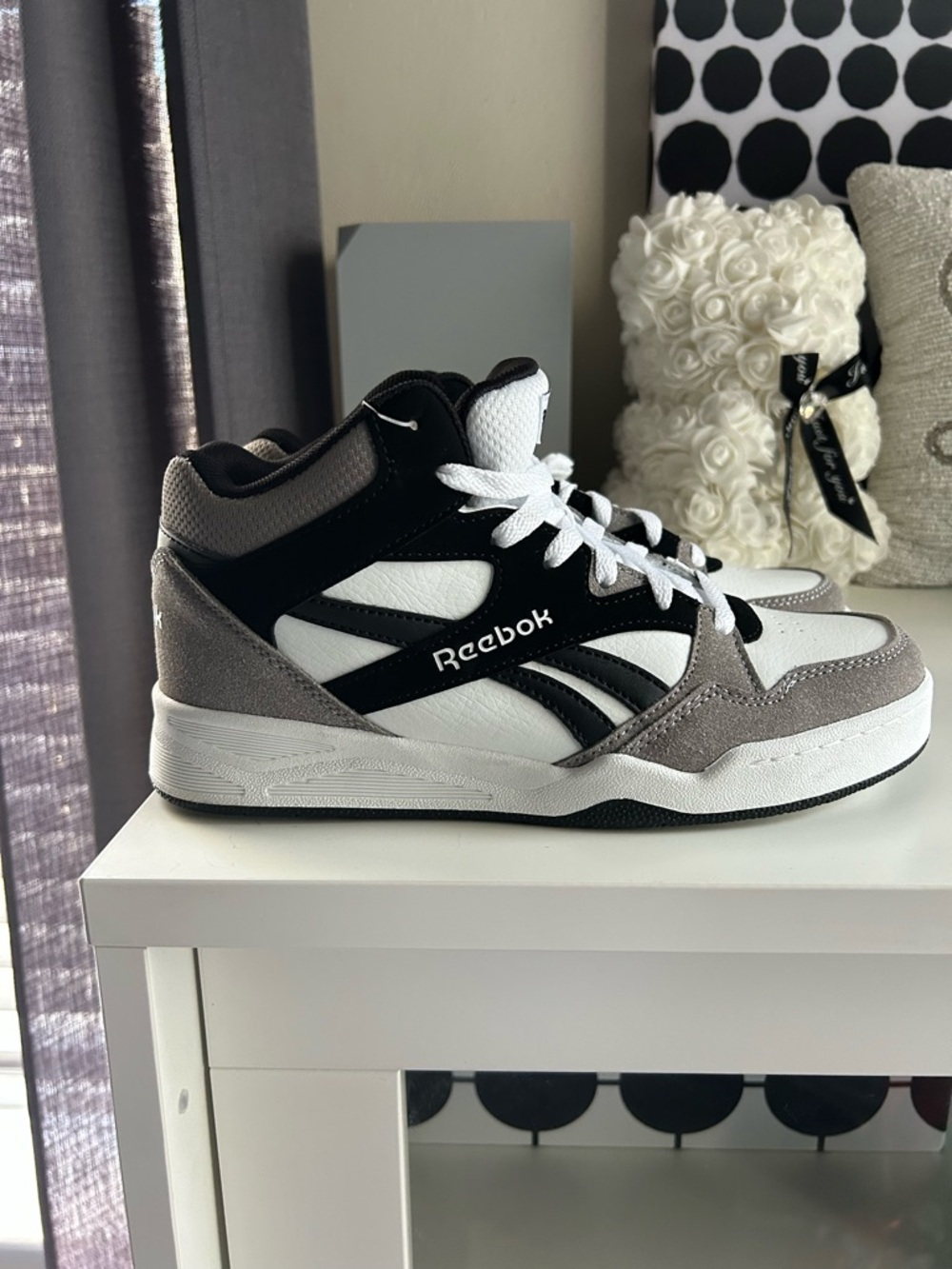 Reebok Mid-Top Sneakers in White, Black & Gray Suede